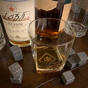 Monogrammed Whiskey Glass /  D.O.F. / Bourbon Glass / Scotch Glass / Diamond Monogram / Bottom Engraved / Father&#39;s Day Gift