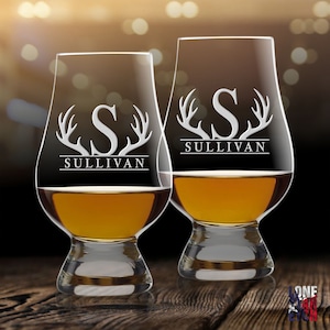 Personalized Glencairn Whiskey Glass / Bourbon Glass / Scotch Glass / Tasting Glass / Antlers Monogram Glencairn  / Father's Day Gift