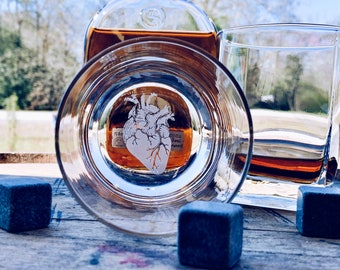 Anatomical Heart Whiskey Glasses / Set of 2 / D.O.F. Whiskey Glass / Bourbon Glass / Scotch Glass / Bottom Engraved  / Father's Day Gift