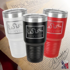 May include: Three stainless steel tumblers with a black, white, and red finish. Each tumbler features a graphic of a coiled snake with the text "JOIN, or DIE".