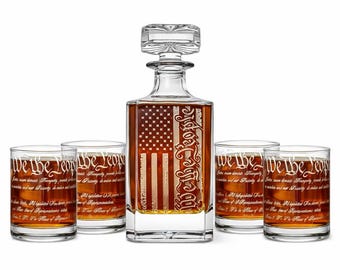 We The People Whiskey Decanter Set, 360 Wrap Constitution Glasses, Patriotic Gift for Men