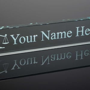 Scales of Justice / Jade Glass Desk Name Plate / Engraved & Personalized / Perfect for Attorney / Lawyer / Paralegal  / Father&#39;s Day Gift