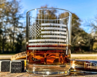 Distressed American Flag / Engraved Whiskey Glass / Bourbon Glass / Scotch / Rocks Glass / Patriotic / for Patriot  / Father's Day Gift