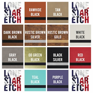 May include: A colour chart displaying 12 different leather colours with black stitching. The colours are: Rawhide Black, Tan Black, Dark Brown Black, Rustic Brown Silver, Rustic Brown Gold, White Black, Grey Black, OD Green Black, Black Silver, Red Black, Teal Black, and Purple Black.