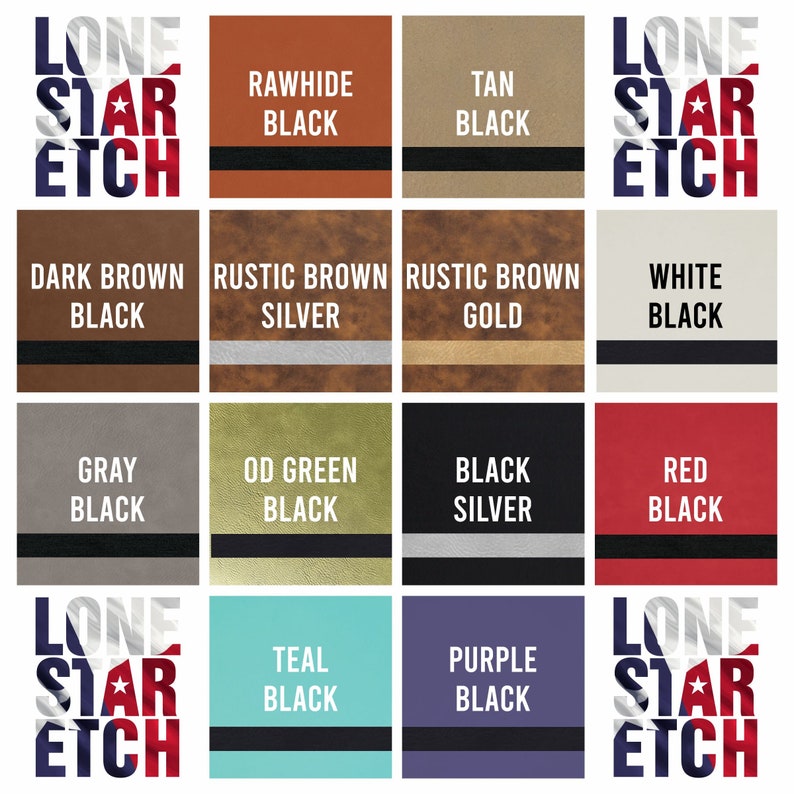 May include: A colour chart displaying 12 different leather colours with black stitching. The colours are: Rawhide Black, Tan Black, Dark Brown Black, Rustic Brown Silver, Rustic Brown Gold, White Black, Grey Black, OD Green Black, Black Silver, Red Black, Teal Black, and Purple Black.