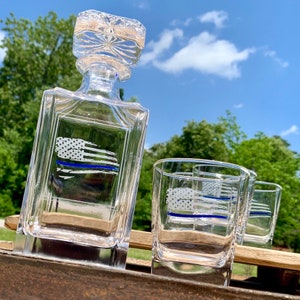 Blue, Red, Green Line Distressed Flag Engraved Whiskey Decanter or Decanter Set of 3 / Can be Personalized  / Father&#39;s Day Gift