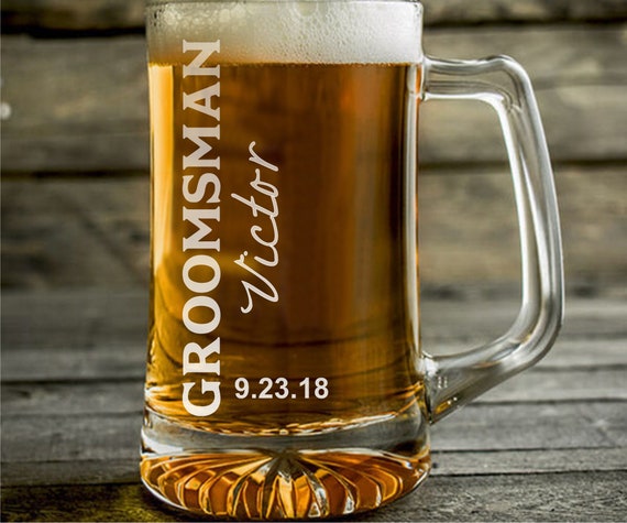 Set of 4 / Wedding Engraved Personalized Beer Mugs for Groomsman / Best Man  / Groom - 23oz Glass Beer Mug / Valentine's Day Gift