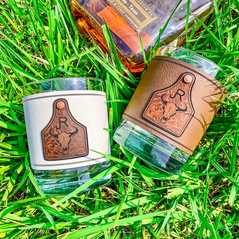 Custom Personalized Cattle Tag Whiskey Glass / Bourbon Glass / Scotch Glass / Engraved Leatherette Wrap / Single Glass / Christmas Gift