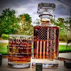 We The People American Flag / 360 Wrap U.S. Constitution Glasses / Engraved Whiskey Decanter or Decanter Set of 3   / Father's Day Gift