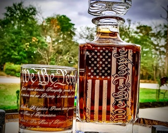 We The People American Flag / 360 Wrap U.S. Constitution Glasses / Engraved Whiskey Decanter or Decanter Set of 3   / Father&#39;s Day Gift