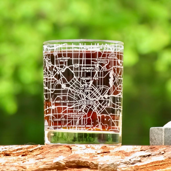 Dallas City Map Glass / 360 Engraved / (13.5 oz) Whiskey / Bourbon / Scotch / Sandblasted Finish  / Father's Day Gift