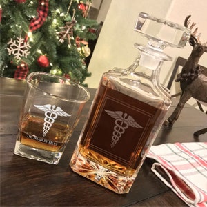 Medical Doctor / Physician / Caduceus / Engraved Whiskey Decanter or Decanter Set of 3 / Can Be Personalized / Gift  / Father&#39;s Day Gift
