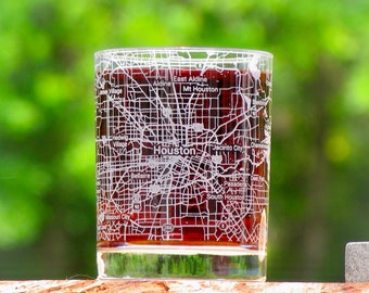 Houston City Map Whiskey Glass: Sandblasted Bourbon Scotch Glass (13.5 oz)