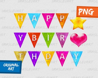 Watercolor PNG Happy Birthday Rainbow Clipart for Happy Birthday Party Celebration. Digital Download Clipart Vintage. Birthday Party PNG.