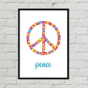 Peace Sign Poster, Wall Art, Digital Print, Poster, Art, Instant Poster Art, Digital Art. Hippie Poster with flowers.