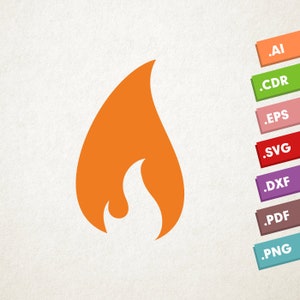 May include: An orange flame icon, a simple graphic design of a flame in the shape of a teardrop.