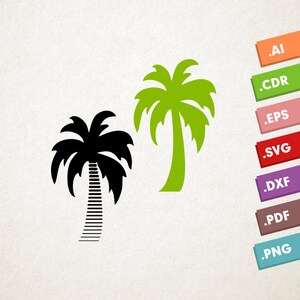 May include: Two palm tree silhouettes, one black and one green, on a white background. The black palm tree has a striped trunk. The green palm tree has a solid trunk.