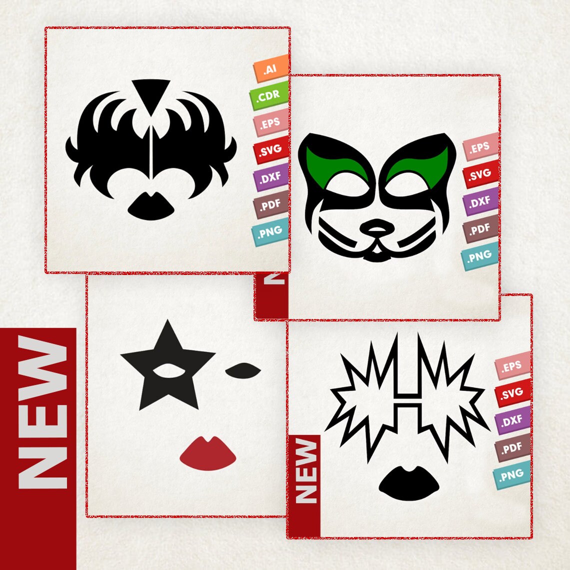 KISS 4 Masks SVG Vector Promo Pack. Kiss Makeup Masks. Instant Download for Cricut or Silhouette. Kiss Makeup Shape SVG. Kiss Band Pack - Etsy