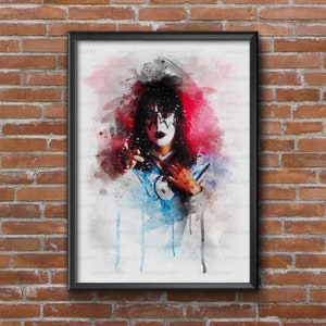 Pôster em aquarela Ace Frehley KISS. Máscara de maquiagem beijo. Download instantâneo para pôster de parede. Beijo maquiagem Ace. Banda Beijo. Pôster da máscara de Ace Frehley.