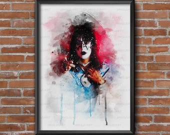 Ace Frehley KISS Watercolor Poster. Kiss makeup mask. Instant download for Wall Poster. Kiss makeup Ace. Kiss band. Ace Frehley mask Poster.