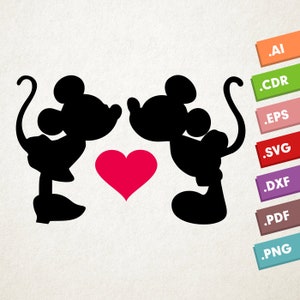 Mickey y Minnie Mouse - SVG, archivos vectoriales. Diseño de descarga instantánea para cricut o silueta. Mickey ama a Minnie. Corazón Rosa. Vector SVG.