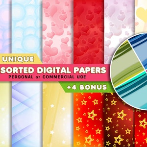 Op de afbeelding: Een set van 12 unieke digitale papieren met verschillende patronen, waaronder harten, sterren en strepen. De papieren zijn beschikbaar voor persoonlijk of commercieel gebruik. De tekst "12 Unique Assorted Digital Papers" en "Personal or Commercial Use" wordt weergegeven op de afbeelding. De tekst "+4 Bonus" wordt ook weergegeven op de afbeelding.