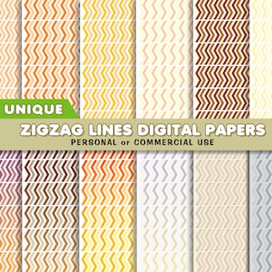 May include: Twelve unique digital papers featuring a zigzag line pattern in various colors, including orange, yellow, brown, gray, and purple. The text "12 UNIQUE ZIGZAG LINES DIGITAL PAPERS PERSONAL or COMMERCIAL USE" is displayed at the top of the image.