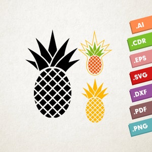 May include: Two pineapple illustrations, one black and one yellow, with green leaves. The black pineapple is on the left and the yellow pineapple is on the right. The pineapples are in a simple, flat style.