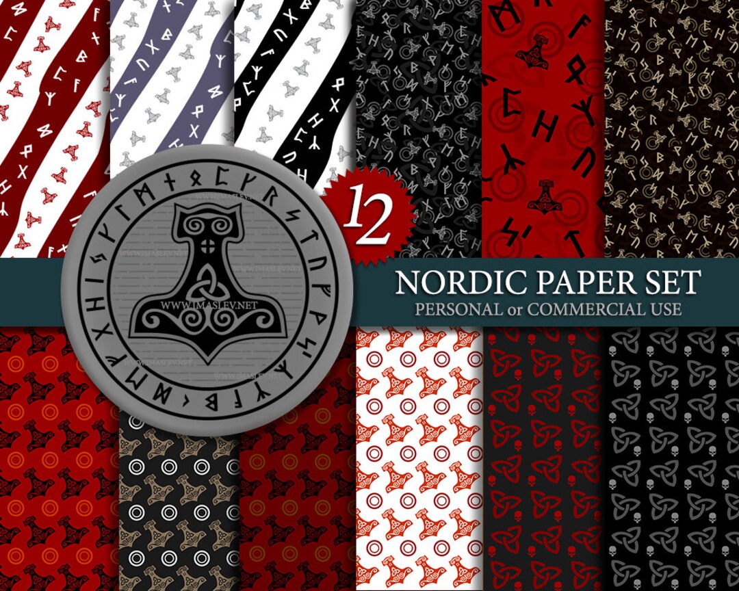 Nordic Runes Digital Paper Set, 12 Unique Paper Designs, Commercial Use ...
