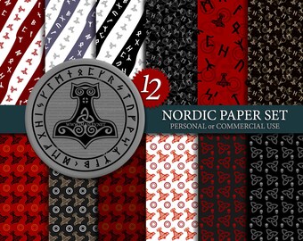 Nordic Runes - Digital Paper Set, 12 Unique Paper Designs, Commercial Use, Digital Print, Scandinavian Shapes
