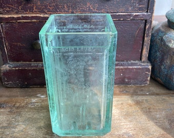 Vintage Rare Glass Battery Case Jar, embossed - Lime Tinged Aqua Glass, ideal Flower Vase, 6.5"