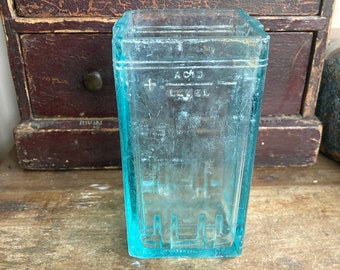 Vintage Rare Glass Battery Case Jar, embossed - Turquoise Aqua Glass, ideal Flower Vase, 6.5"