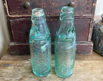 Two Miniature Codd Bottles, Split Size 6oz Victorian 1890's Aqua Glass Mineral Soda Water - Whaley Bridge & Stockport