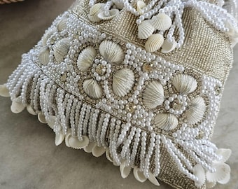 Oceanic Silver potli bucket beaded handbag clutch drawstring bag
