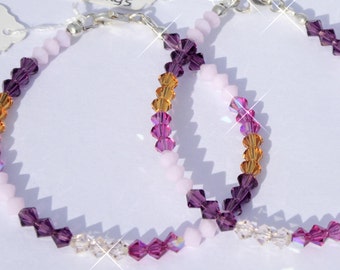 Swarovski Crystal, Bracelet, Pink & Purple, 925, Sterling Silver, Amethyst, Rose Alabaster, Fuchsia, Topaz, Silk.