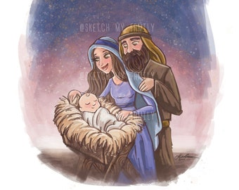 May include: An illustration depicts a family scene with a baby in a manger, surrounded by a mother and father. The background features a starry night sky with a bright star. The image has the text "@SKETCH_MY_FAMILY".
