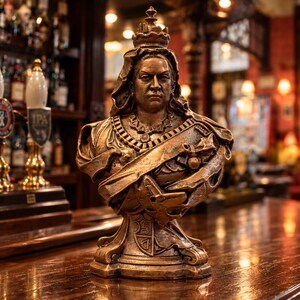 May include: A bronze-coloured bust sculpture of Queen Victoria wearing a crown, a veil, and a detailed necklace. The figure features a sash across the chest with a medal, and a coat of arms emblem is visible on the base of the statue.