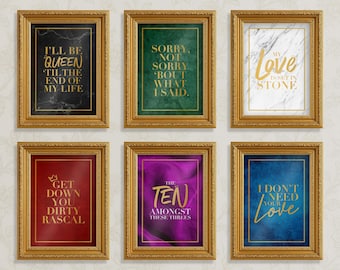 May include: Six framed art prints with gold frames and various backgrounds. The prints feature gold text on black marble, green, white marble, red, purple, and blue backgrounds. The text includes phrases like "I'll be Queen" and "I don't need your love."