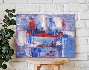 Klein Abstract Schilderij in Olieverf op Canvas in Blauw, Rood en Wit, 18x24 cm, uniek kunstwerk