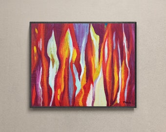 Colorful Flames Abstract Print - Dark Red Wall Art, Painting with Stripes by Maria Meester, Art Print or Canvas