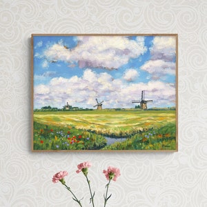 Dutch Landscape Print of my Oil Painting Summer Day in Holland with Windmills, Fine Art Print or Canvas image 1