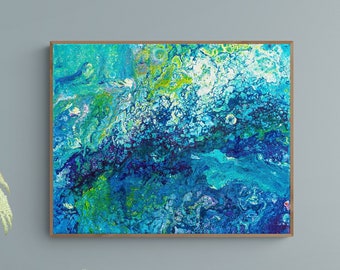 Print van Turquoise Abstract Schilderij, Fluid Art Giclee Print op Canvas of Papier