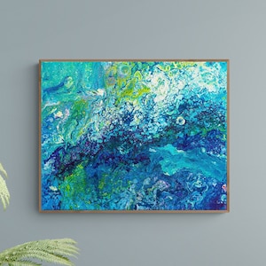 Print van Turquoise Abstract Schilderij, Fluid Art Giclee Print op Canvas of Papier