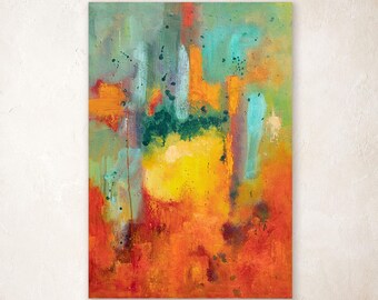 Abstract Art Print in Warm Yellow, Red and Teal, Modern Oil Painting