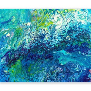 Türkises Fluid-Art-Gemälde, blau-grünes Wanddekor, Kunstdruck oder Leinwand Bild 2