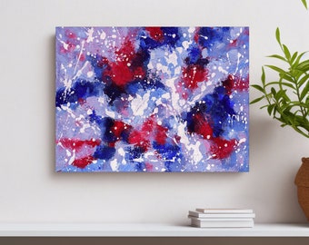 Klein Abstract Schilderij in Blauw, Rood en Wit, Kunst voor aan de Muur, 30 x 40 cm