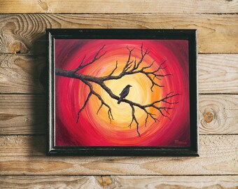 Raven and Abstract Red Moon Painting, Bird Dark Wall Art, Art Print or Canvas