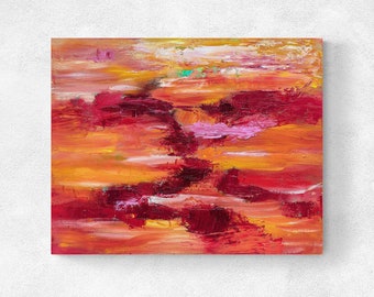 Abstract Oranje met Bordeax Olieverf Schilderij op Canvas , abstracte kunst, 40x50 cm
