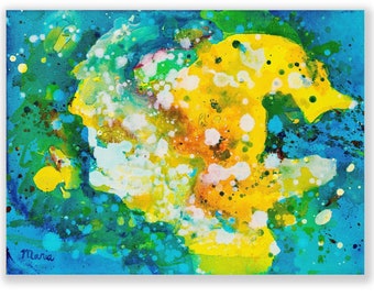 Yellow and Turquoise Abstract Painting on Canvas, Small Original Splatter Painting in Acrylic