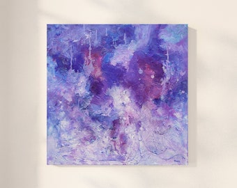 Textured Blue Abstract Painting, Purple Wall Art on Canvas